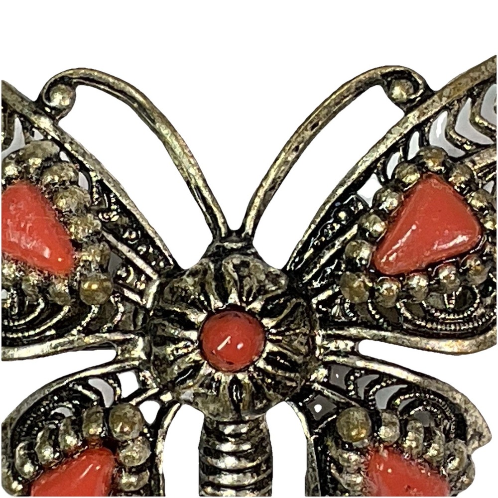 Vintage Filigree Butterfly Brooch Pin Red Cabochon Gold Tone Mexico Jewelry